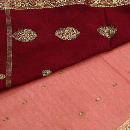 Indian Vintage Sari  Maroon & Peach Mysore Silk Woven Saree with Zari Border | 5 Yards | Soft Craft Fabric | Upcycle, Quilting, Dressmaking