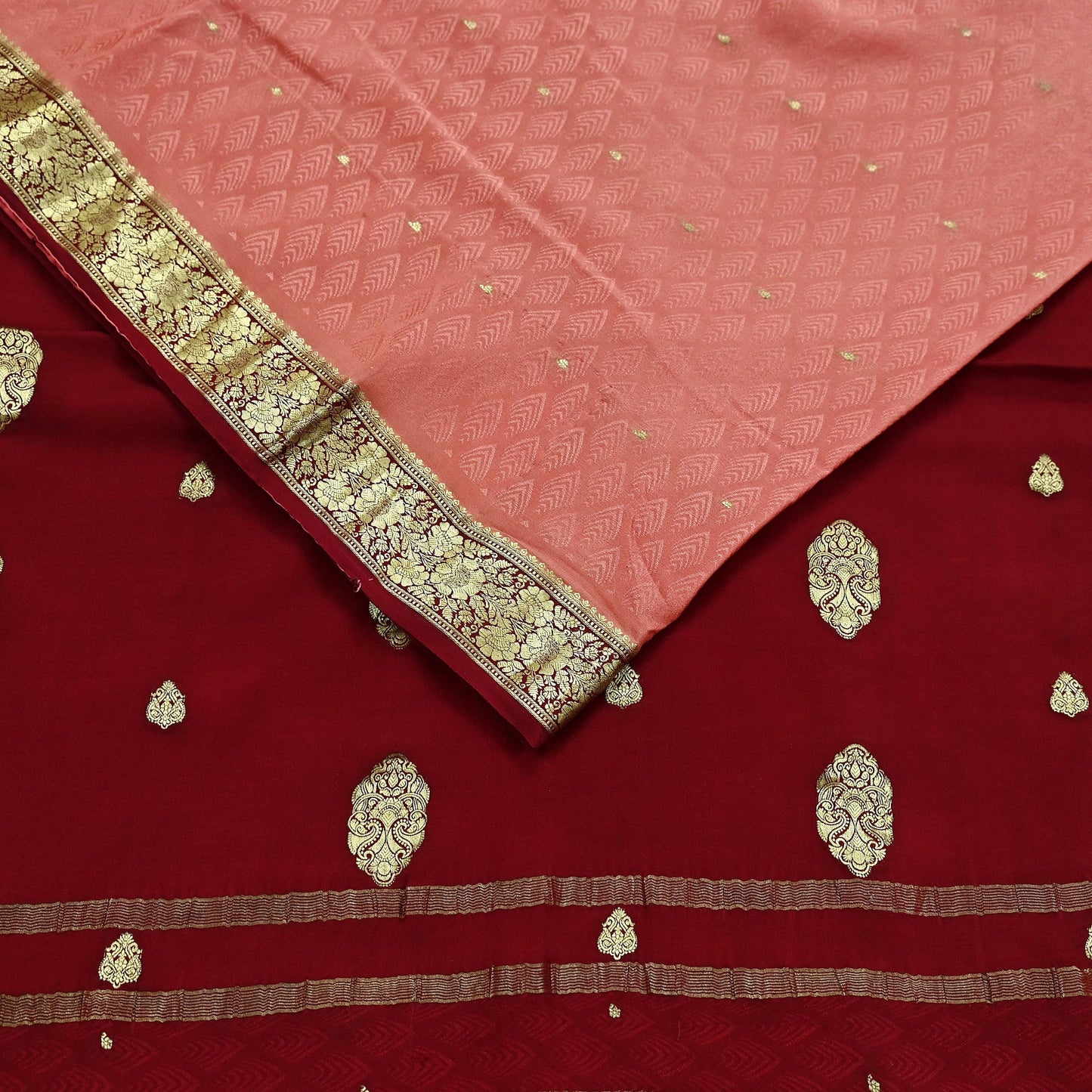 Indian Vintage Sari  Maroon & Peach Mysore Silk Woven Saree with Zari Border | 5 Yards | Soft Craft Fabric | Upcycle, Quilting, Dressmaking