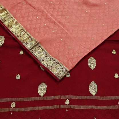 Indian Vintage Sari  Maroon & Peach Mysore Silk Woven Saree with Zari Border | 5 Yards | Soft Craft Fabric | Upcycle, Quilting, Dressmaking