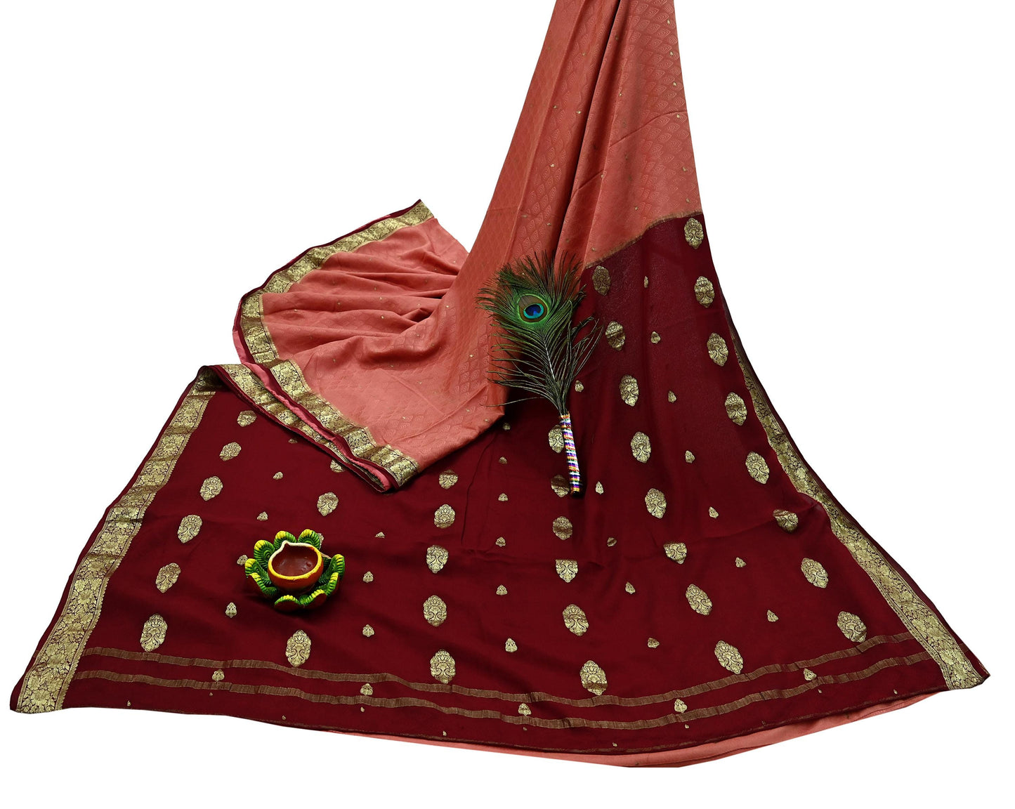 Indian Vintage Sari  Maroon & Peach Mysore Silk Woven Saree with Zari Border | 5 Yards | Soft Craft Fabric | Upcycle, Quilting, Dressmaking