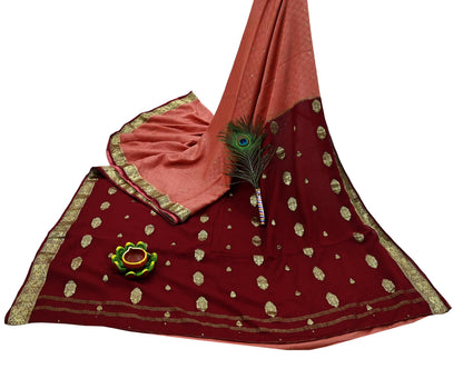 Indian Vintage Sari  Maroon & Peach Mysore Silk Woven Saree with Zari Border | 5 Yards | Soft Craft Fabric | Upcycle, Quilting, Dressmaking