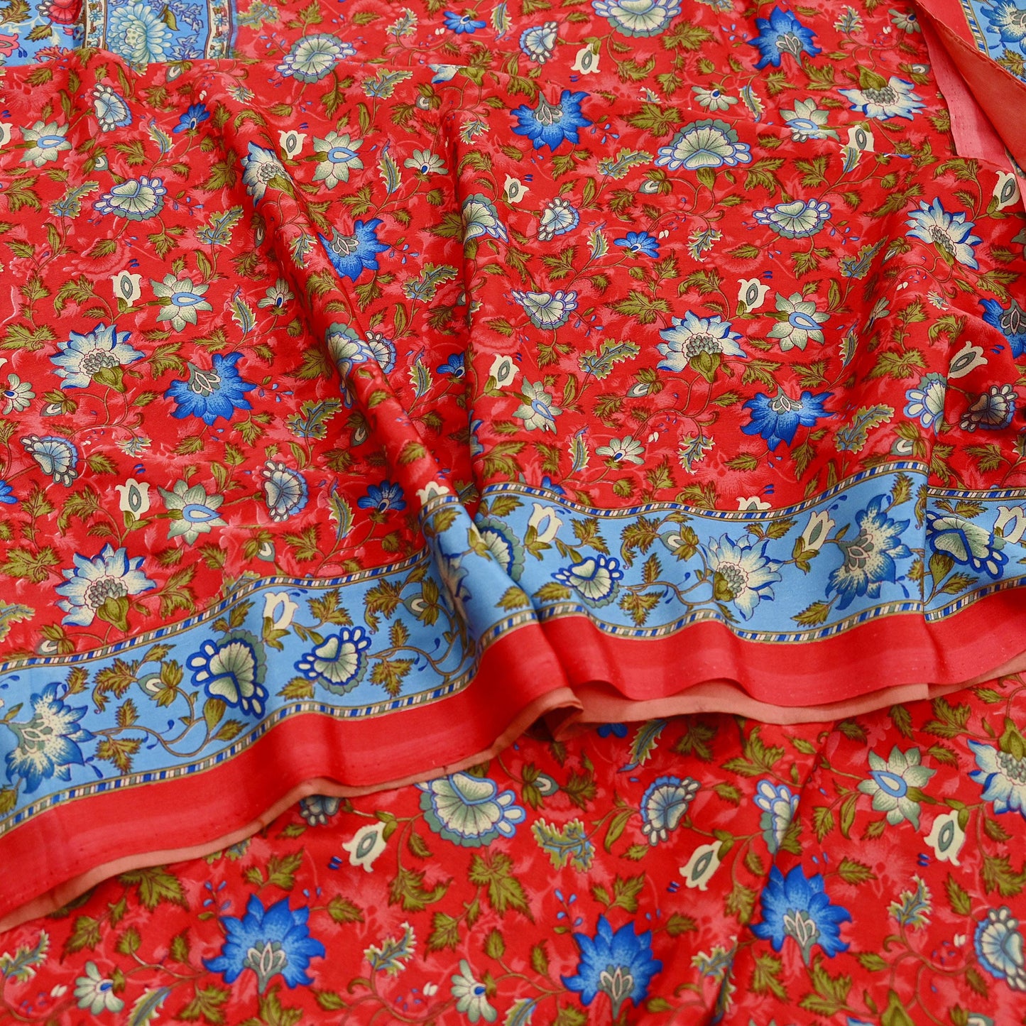 Indian Vintage Saree Peach & Blue Moss Crepe Printed Sari | 5 Yards | Floral Soft Fabric for Sewing, Dressmaking, Crafting, Quilting