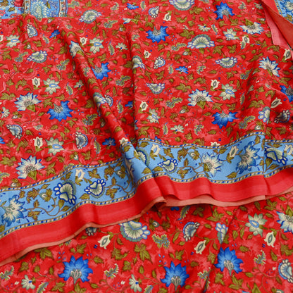 Indian Vintage Saree Peach & Blue Moss Crepe Printed Sari | 5 Yards | Floral Soft Fabric for Sewing, Dressmaking, Crafting, Quilting