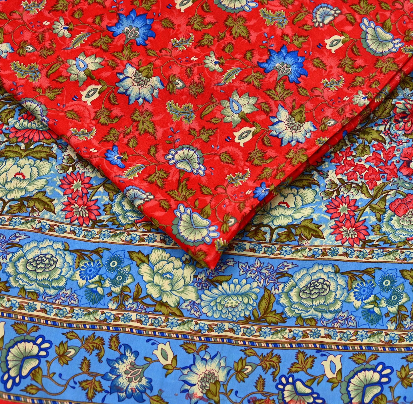 Indian Vintage Saree Peach & Blue Moss Crepe Printed Sari | 5 Yards | Floral Soft Fabric for Sewing, Dressmaking, Crafting, Quilting