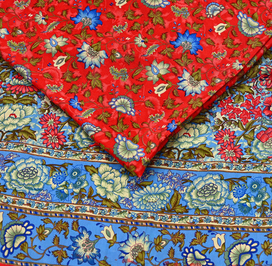 Indian Vintage Saree Peach & Blue Moss Crepe Printed Sari | 5 Yards | Floral Soft Fabric for Sewing, Dressmaking, Crafting, Quilting