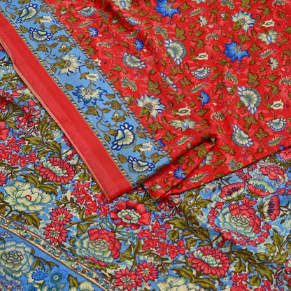 Indian Vintage Saree Peach & Blue Moss Crepe Printed Sari | 5 Yards | Floral Soft Fabric for Sewing, Dressmaking, Crafting, Quilting