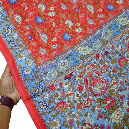 Indian Vintage Saree Peach & Blue Moss Crepe Printed Sari | 5 Yards | Floral Soft Fabric for Sewing, Dressmaking, Crafting, Quilting