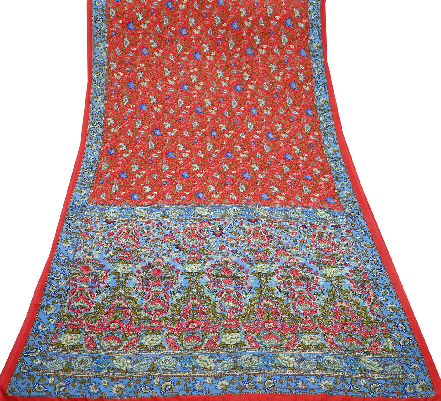 Indian Vintage Saree Peach & Blue Moss Crepe Printed Sari | 5 Yards | Floral Soft Fabric for Sewing, Dressmaking, Crafting, Quilting