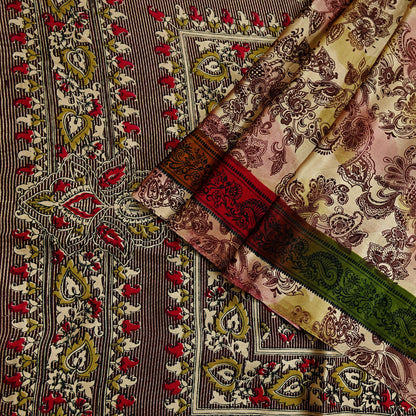 Indian Vintage Saree Green & Brown Satin Printed Sari 6yd Sewing Floral Soft Craft Fabric Dressmaking For Crafting Quilting Upcycle