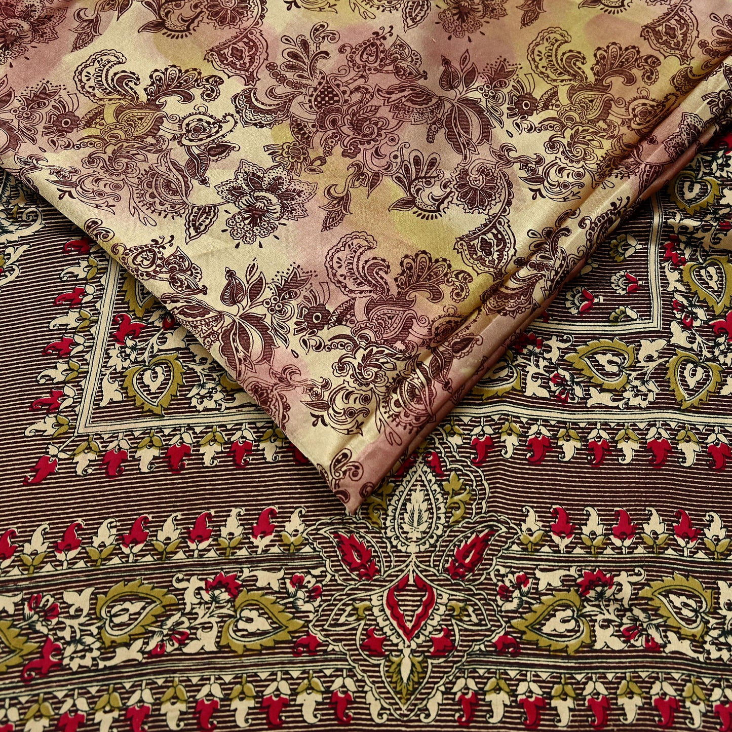 Indian Vintage Saree Green & Brown Satin Printed Sari 6yd Sewing Floral Soft Craft Fabric Dressmaking For Crafting Quilting Upcycle