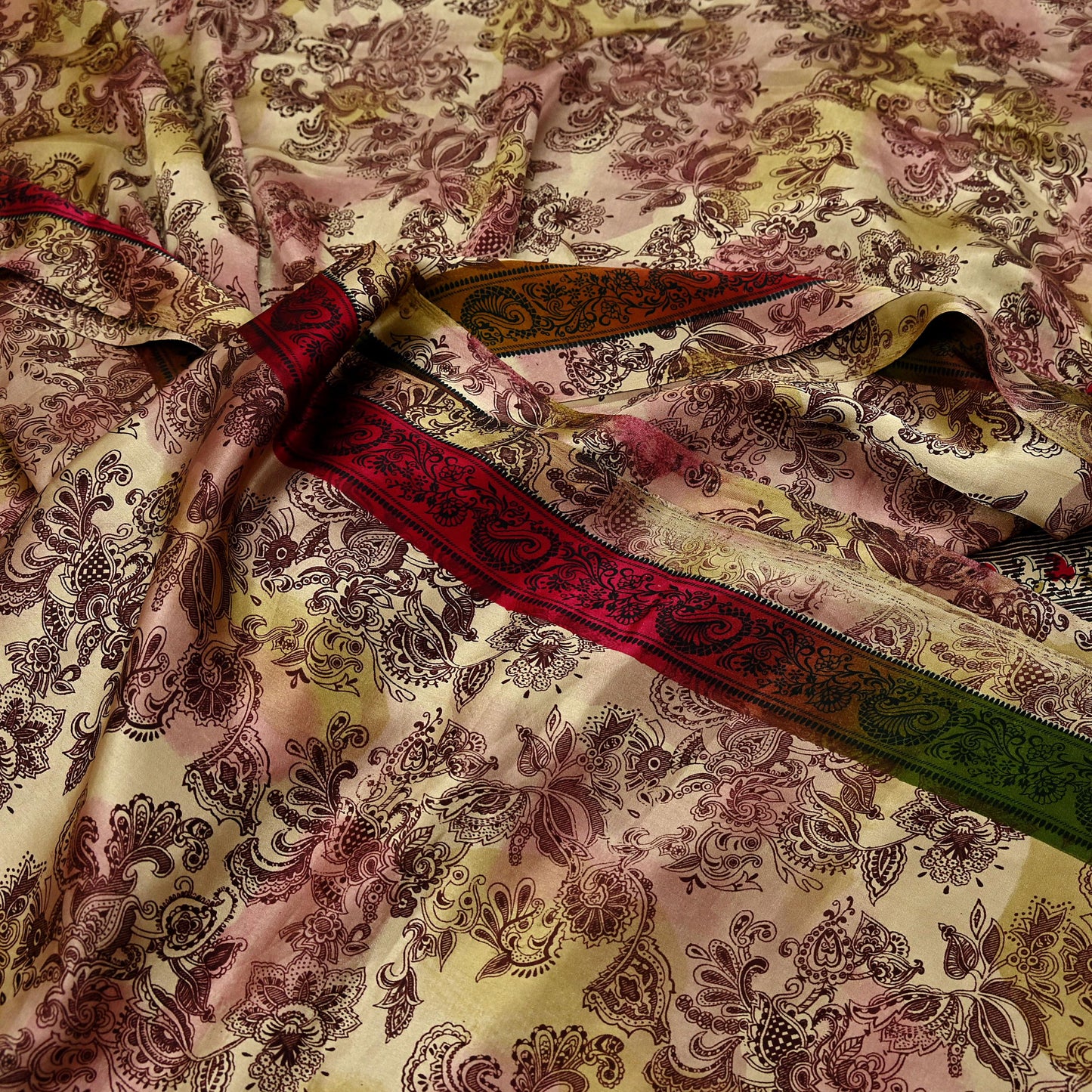 Indian Vintage Saree Green & Brown Satin Printed Sari 6yd Sewing Floral Soft Craft Fabric Dressmaking For Crafting Quilting Upcycle