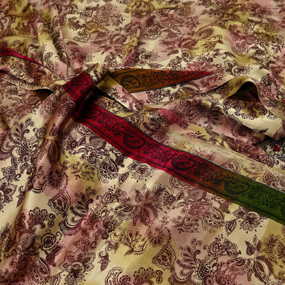 Indian Vintage Saree Green & Brown Satin Printed Sari 6yd Sewing Floral Soft Craft Fabric Dressmaking For Crafting Quilting Upcycle