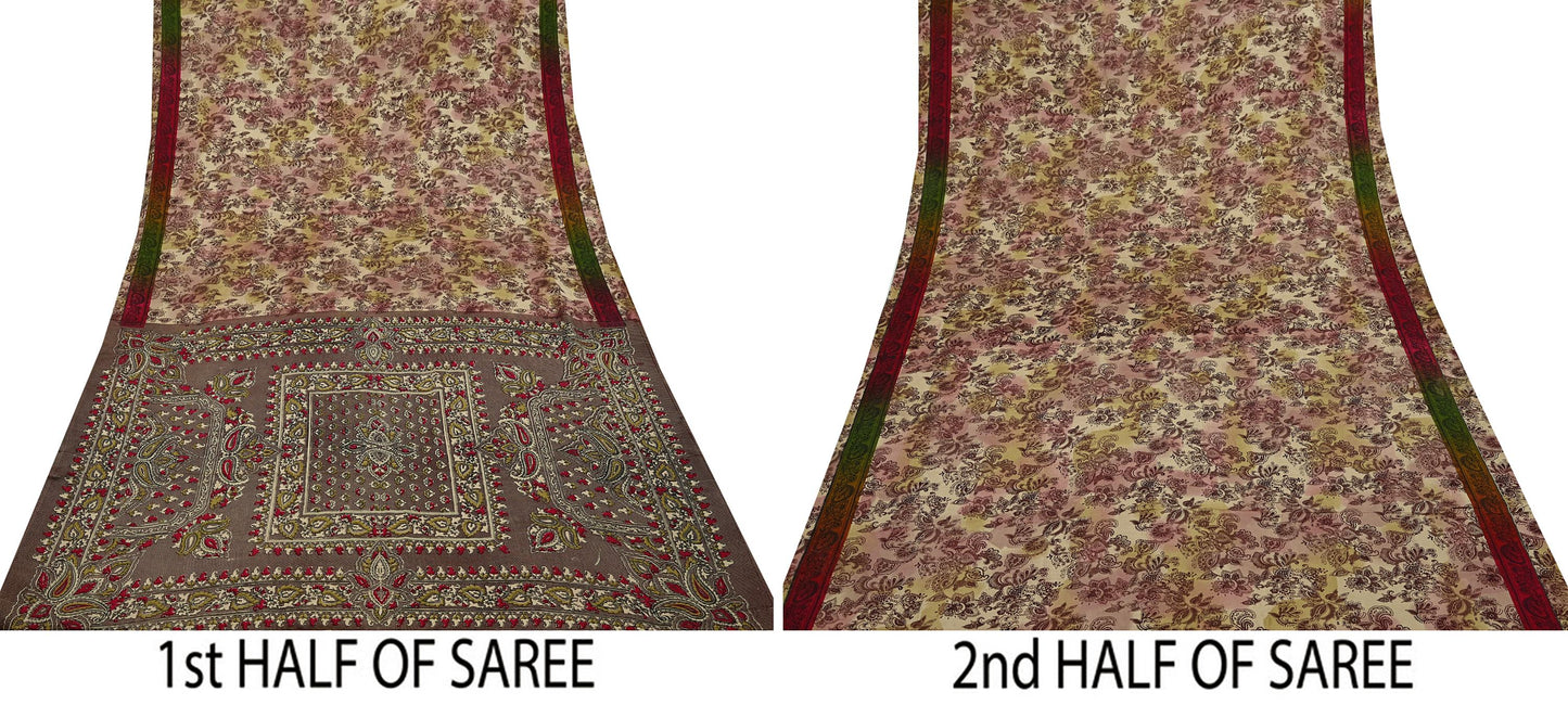 Indian Vintage Saree Green & Brown Satin Printed Sari 6yd Sewing Floral Soft Craft Fabric Dressmaking For Crafting Quilting Upcycle