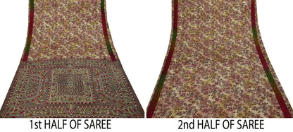 Indian Vintage Saree Green & Brown Satin Printed Sari 6yd Sewing Floral Soft Craft Fabric Dressmaking For Crafting Quilting Upcycle