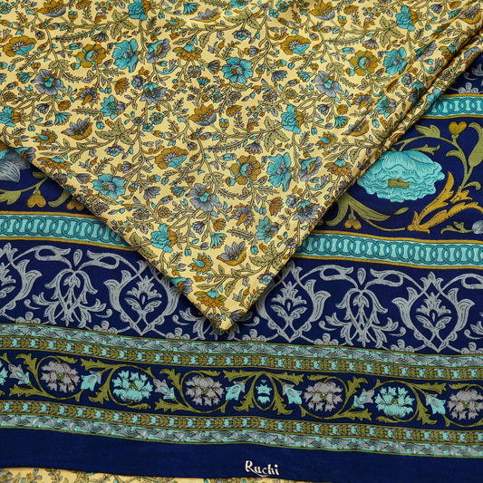 Indian Vintage Moss Crepe Saree | Printed Floral Sari Fabric | 6 Yards | Soft Craft Fabric for Sewing, Dressmaking, Quilting,Upcycling