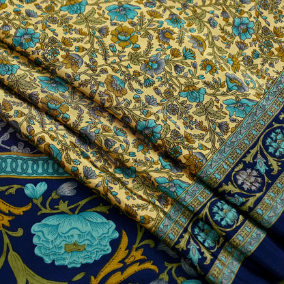 Indian Vintage Moss Crepe Saree | Printed Floral Sari Fabric | 6 Yards | Soft Craft Fabric for Sewing, Dressmaking, Quilting,Upcycling