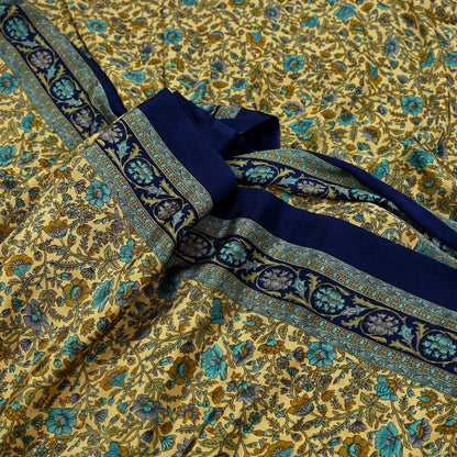 Indian Vintage Moss Crepe Saree | Printed Floral Sari Fabric | 6 Yards | Soft Craft Fabric for Sewing, Dressmaking, Quilting,Upcycling