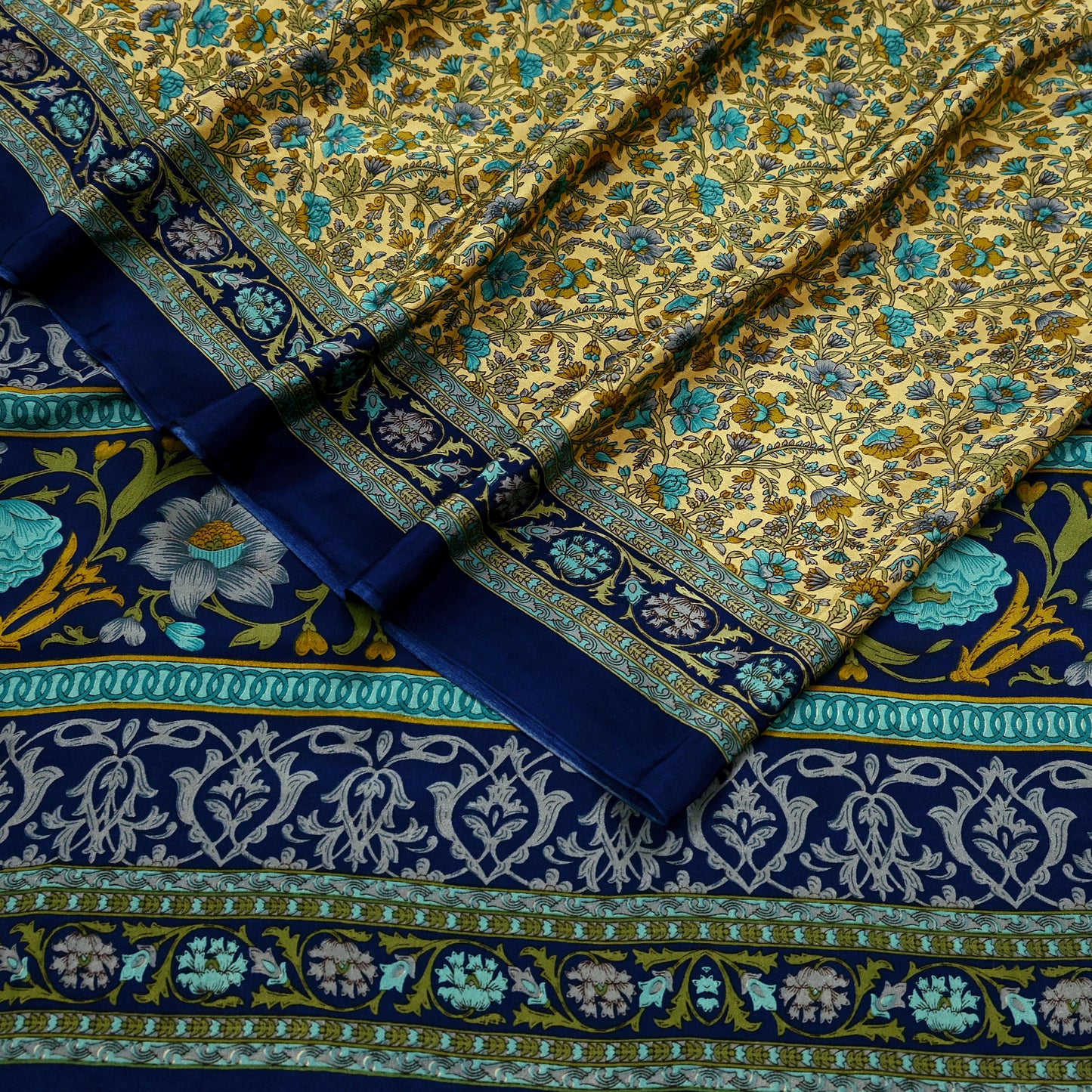 Indian Vintage Moss Crepe Saree | Printed Floral Sari Fabric | 6 Yards | Soft Craft Fabric for Sewing, Dressmaking, Quilting,Upcycling