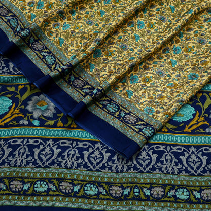 Indian Vintage Moss Crepe Saree | Printed Floral Sari Fabric | 6 Yards | Soft Craft Fabric for Sewing, Dressmaking, Quilting,Upcycling