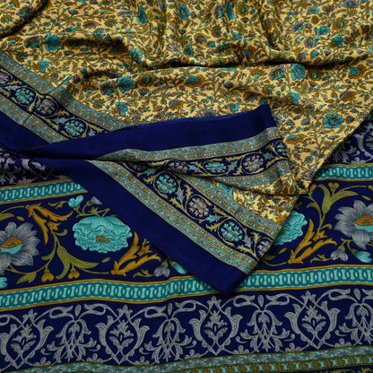 Indian Vintage Moss Crepe Saree | Printed Floral Sari Fabric | 6 Yards | Soft Craft Fabric for Sewing, Dressmaking, Quilting,Upcycling