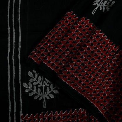 Indian Vintage Dupatta Black Long Stole Block Print Pure Chanderi Silk Scarves Veil Zari Wrap Hijab Fringes