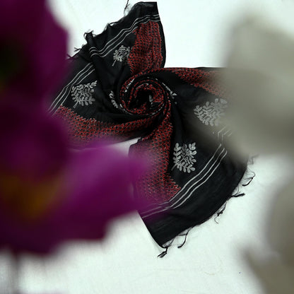 Indian Vintage Dupatta Black Long Stole Block Print Pure Chanderi Silk Scarves Veil Zari Wrap Hijab Fringes