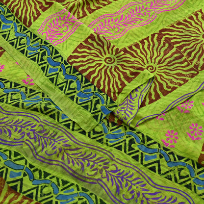 Indian Vintage Green Pure Georgette Silk Sari | 5 Yards Block Printed Floral Fabric | Sewing, Quilting, Dressmaking & Upcycle Crafts