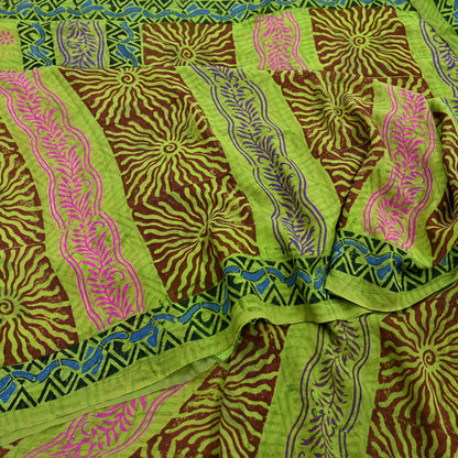 Indian Vintage Green Pure Georgette Silk Sari | 5 Yards Block Printed Floral Fabric | Sewing, Quilting, Dressmaking & Upcycle Crafts
