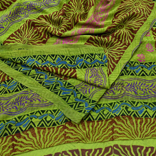Indian Vintage Green Pure Georgette Silk Sari | 5 Yards Block Printed Floral Fabric | Sewing, Quilting, Dressmaking & Upcycle Crafts