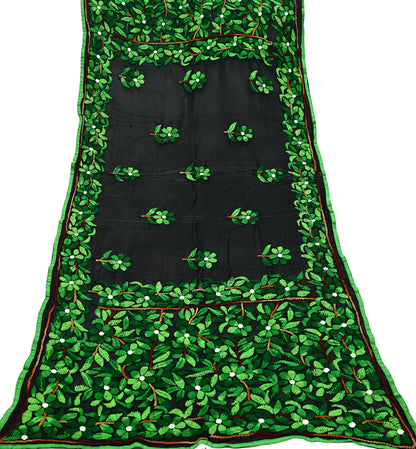 Indian Vintage Dupatta Black Long Stole Blend Georgette Hand Embroidered Phulkari Stole Scarves Party wear