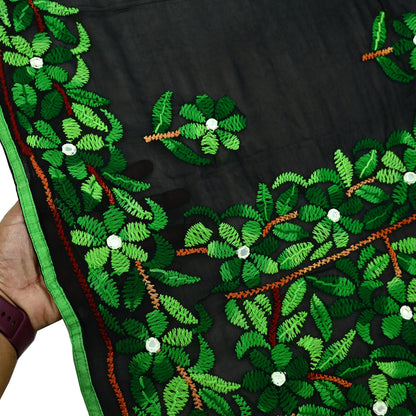 Indian Vintage Dupatta Black Long Stole Blend Georgette Hand Embroidered Phulkari Stole Scarves Party wear