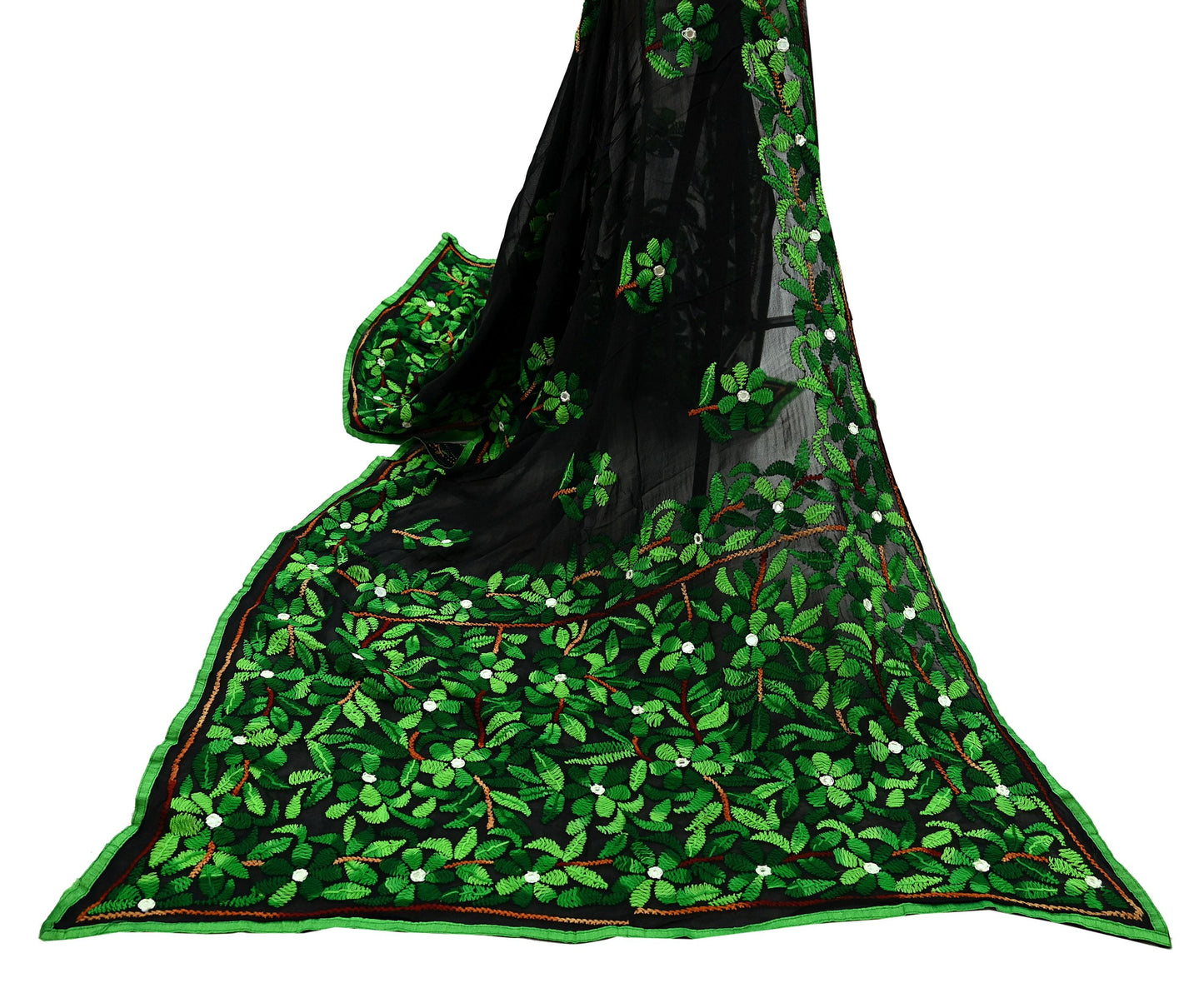 Indian Vintage Dupatta Black Long Stole Blend Georgette Hand Embroidered Phulkari Stole Scarves Party wear