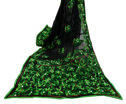 Indian Vintage Dupatta Black Long Stole Blend Georgette Hand Embroidered Phulkari Stole Scarves Party wear