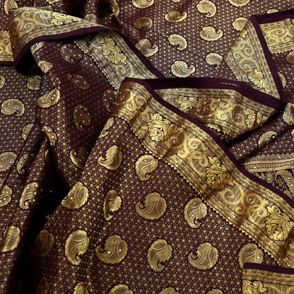 Indian Vintage Kanjivaram Saree | Heavy Hand Woven Pure Silk | Purple Bridal Fabric | 5 Yards Dress Making Bollywood Sarees