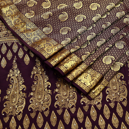 Indian Vintage Kanjivaram Saree | Heavy Hand Woven Pure Silk | Purple Bridal Fabric | 5 Yards Dress Making Bollywood Sarees