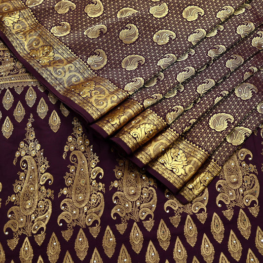 Indian Vintage Kanjivaram Saree | Heavy Hand Woven Pure Silk | Purple Bridal Fabric | 5 Yards Dress Making Bollywood Sarees