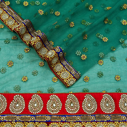 Indian Vintage Heavy Bridal Green Net Dupatta | Hand Embroidered Zardozi Zari Sequins Stole | Floral Design Hijab Veil | Wedding/Party Wear