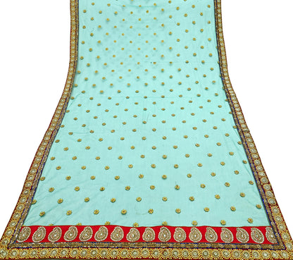 Indian Vintage Heavy Bridal Green Net Dupatta | Hand Embroidered Zardozi Zari Sequins Stole | Floral Design Hijab Veil | Wedding/Party Wear