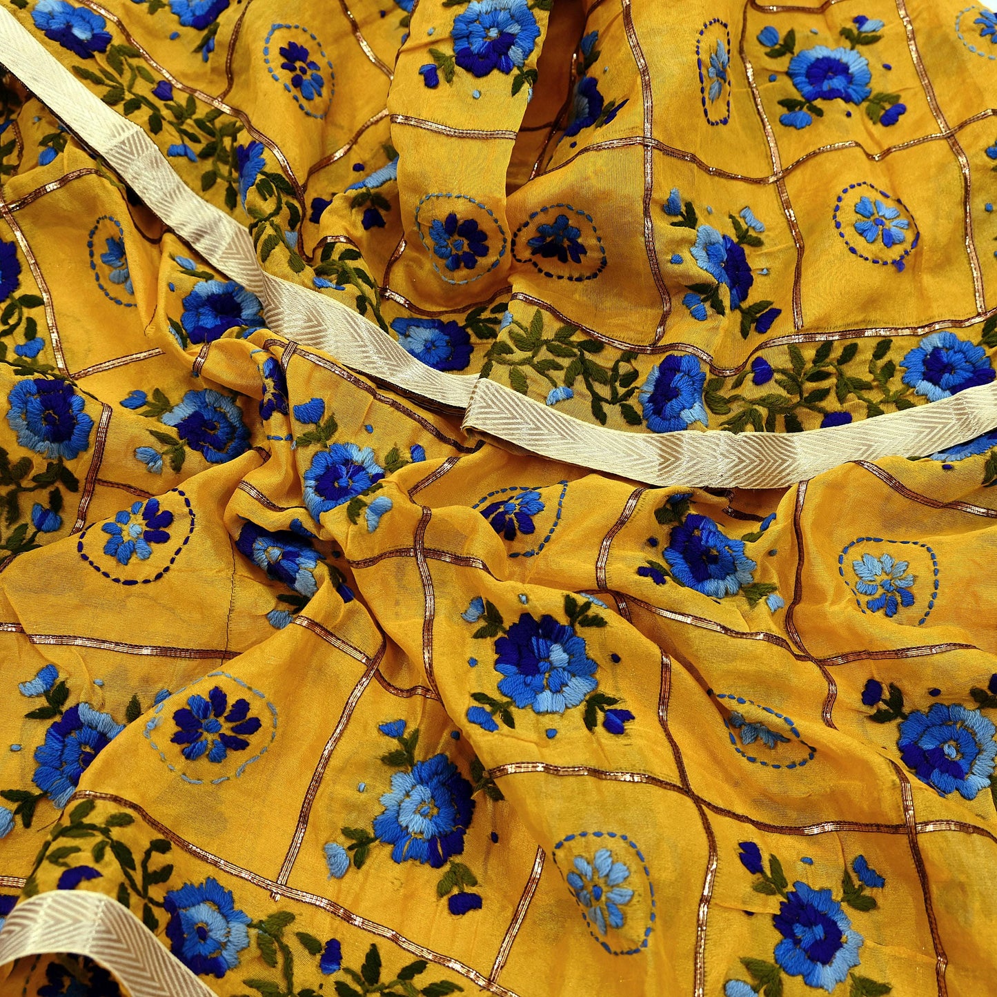 Indian Vintage Dupatta Saffron Long Stole Chanderi Hand Embroidered Bagh Phulkari Stole Scarves Party wear