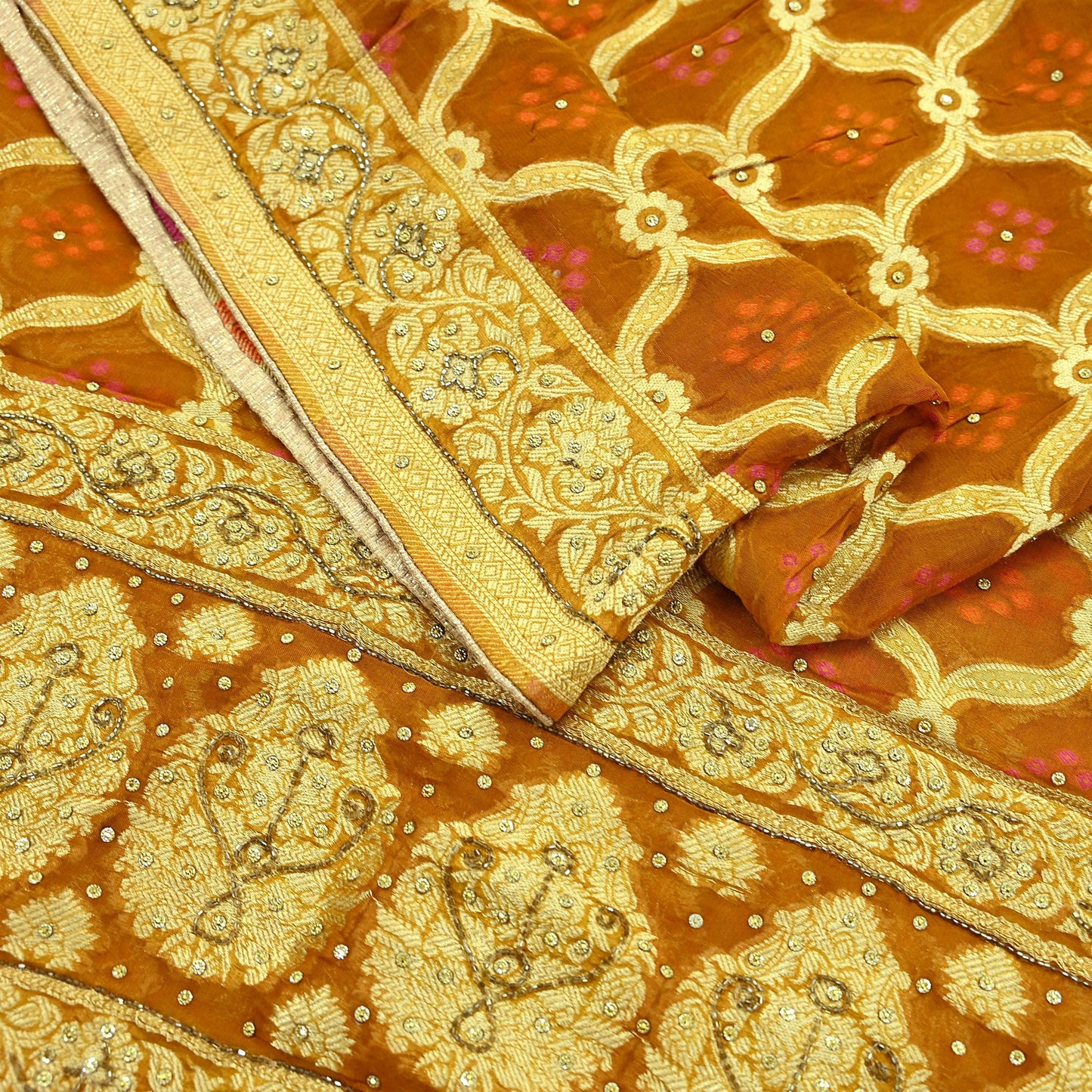 Indian Vintage Saffron Dupatta Blend Cotton Embroidered Bandhani Long Stole Scarves Veil Scarf Wrap Hippie Boho Soft Zari Floral