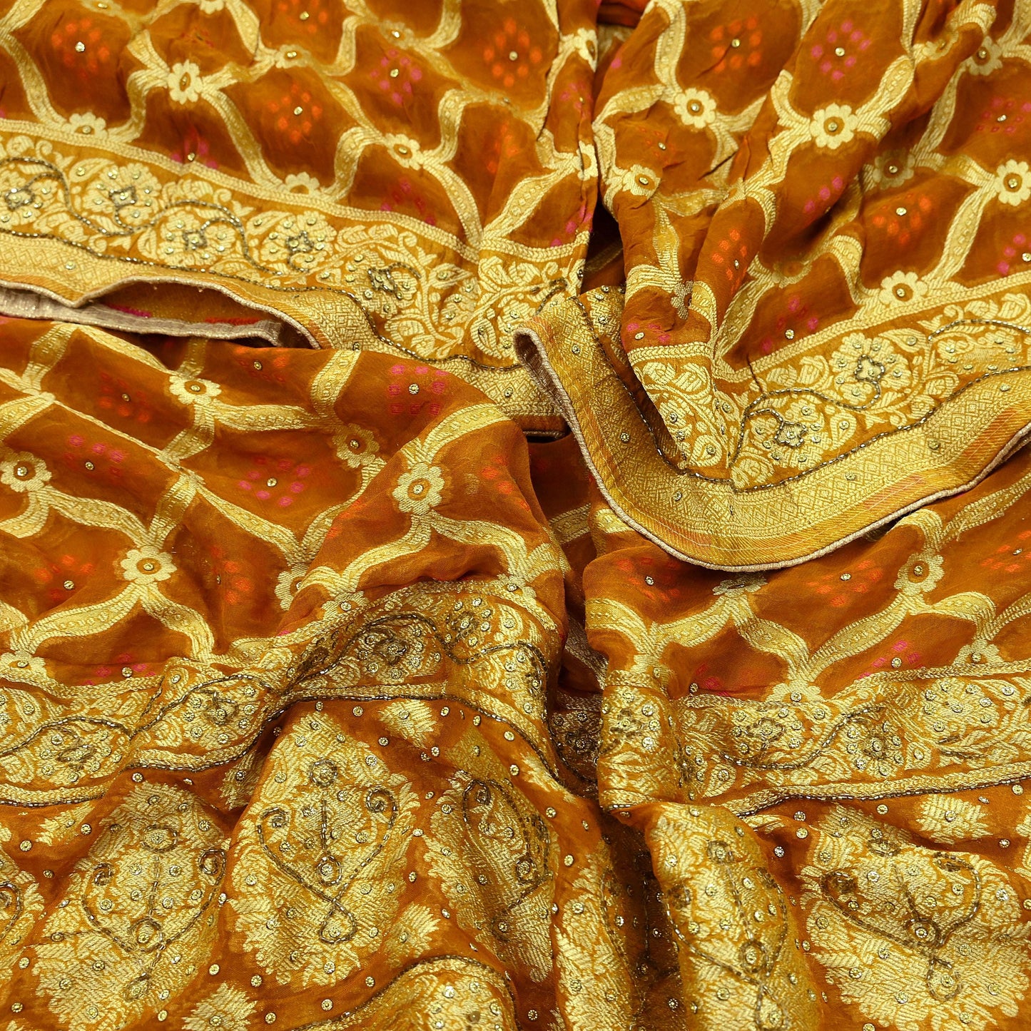 Indian Vintage Saffron Dupatta Blend Cotton Embroidered Bandhani Long Stole Scarves Veil Scarf Wrap Hippie Boho Soft Zari Floral