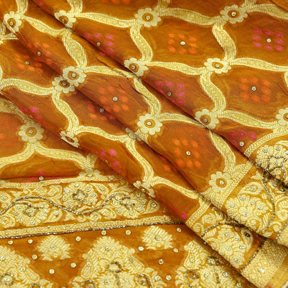 Indian Vintage Saffron Dupatta Blend Cotton Embroidered Bandhani Long Stole Scarves Veil Scarf Wrap Hippie Boho Soft Zari Floral