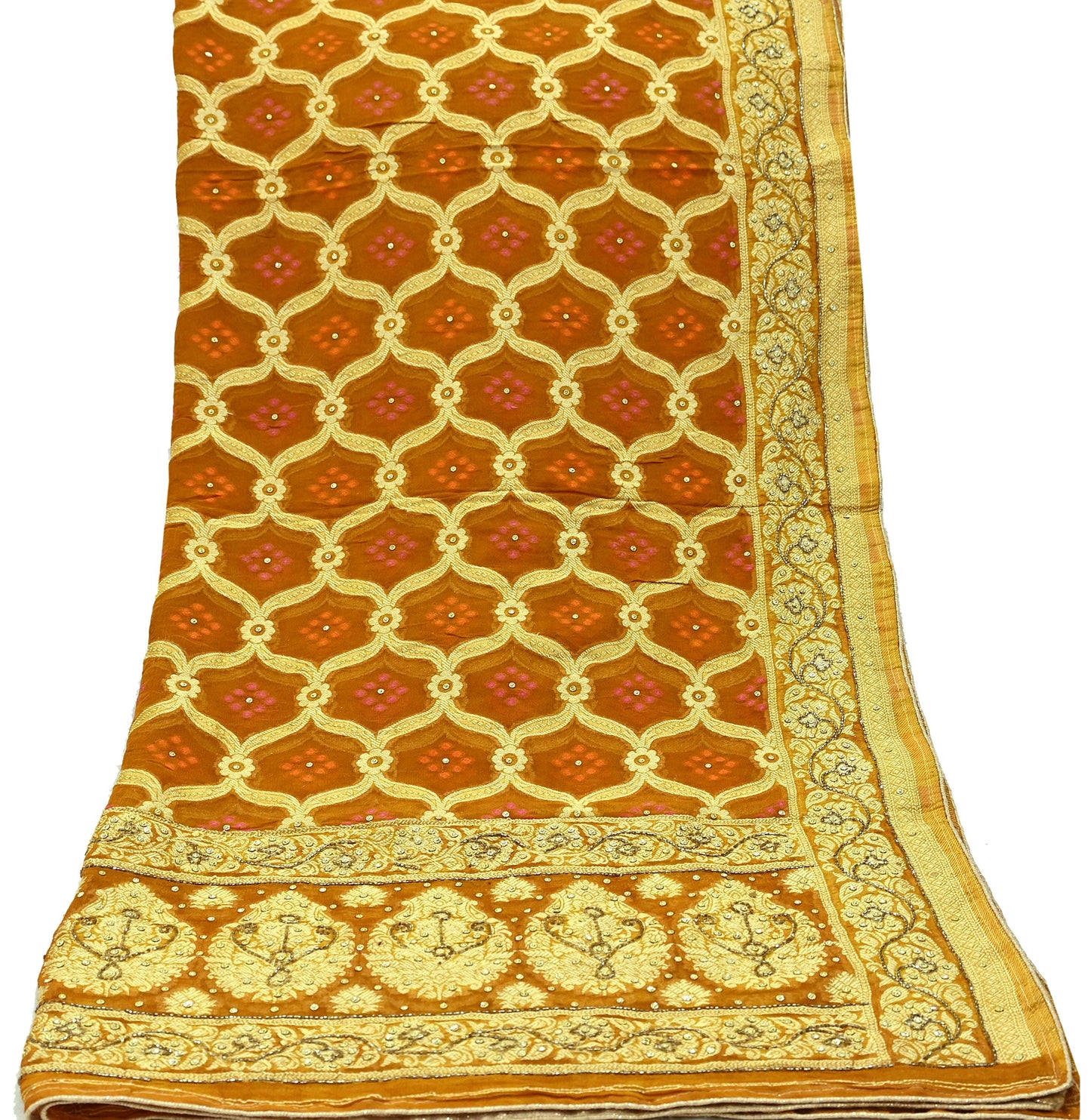 Indian Vintage Saffron Dupatta Blend Cotton Embroidered Bandhani Long Stole Scarves Veil Scarf Wrap Hippie Boho Soft Zari Floral