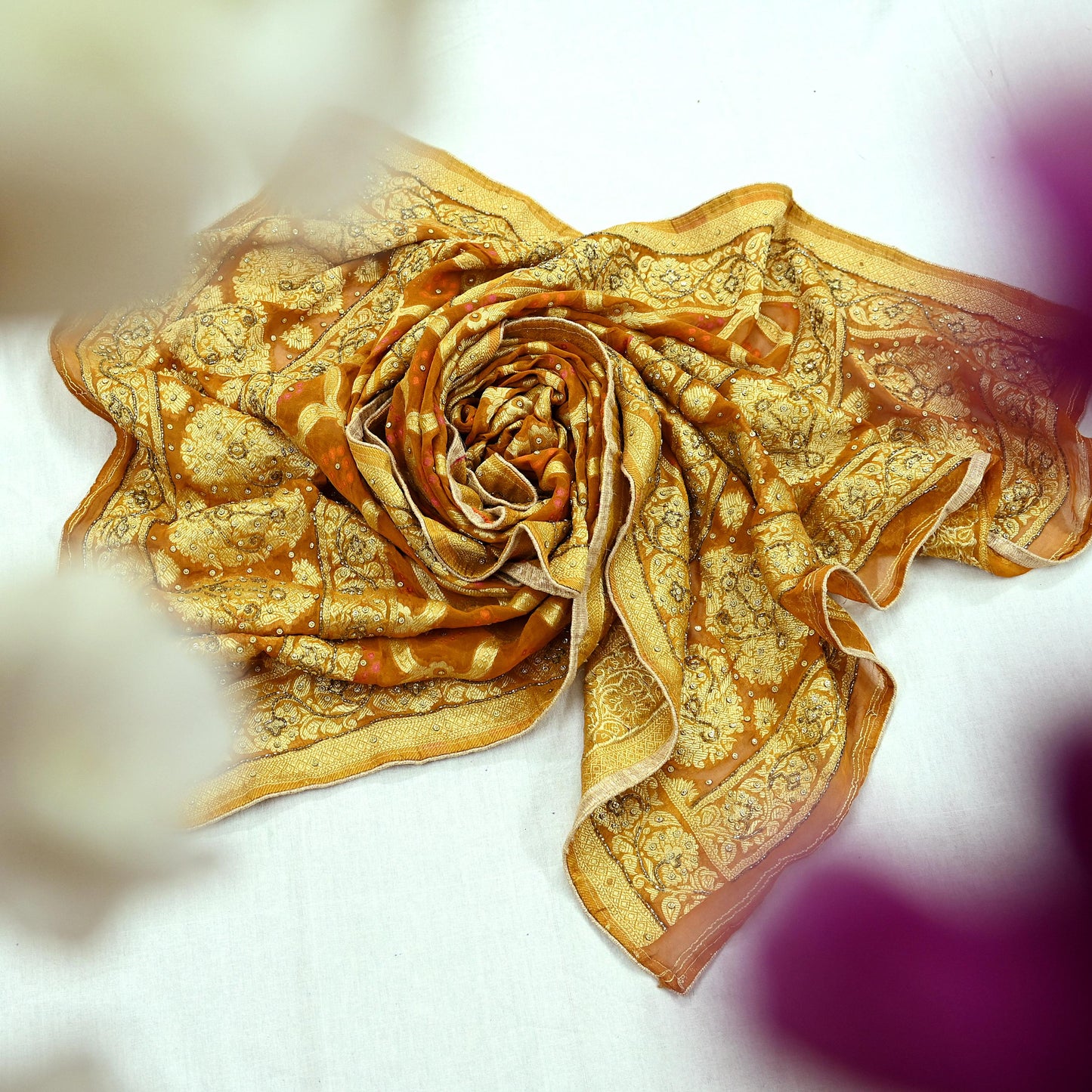 Indian Vintage Saffron Dupatta Blend Cotton Embroidered Bandhani Long Stole Scarves Veil Scarf Wrap Hippie Boho Soft Zari Floral