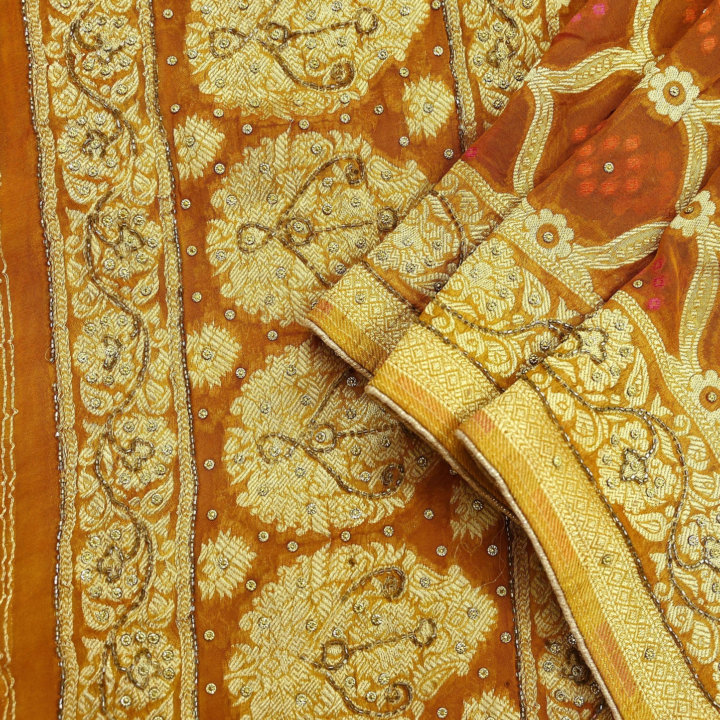 Indian Vintage Saffron Dupatta Blend Cotton Embroidered Bandhani Long Stole Scarves Veil Scarf Wrap Hippie Boho Soft Zari Floral