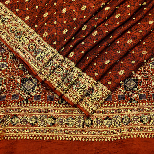 Indian Vintage Sari Golden Brown Heavy Pure Satin Silk Hand Woven Tanchoi Sarees Ethnic Wear 5Yd Paisley Craft Fabric Dress Making Crafting