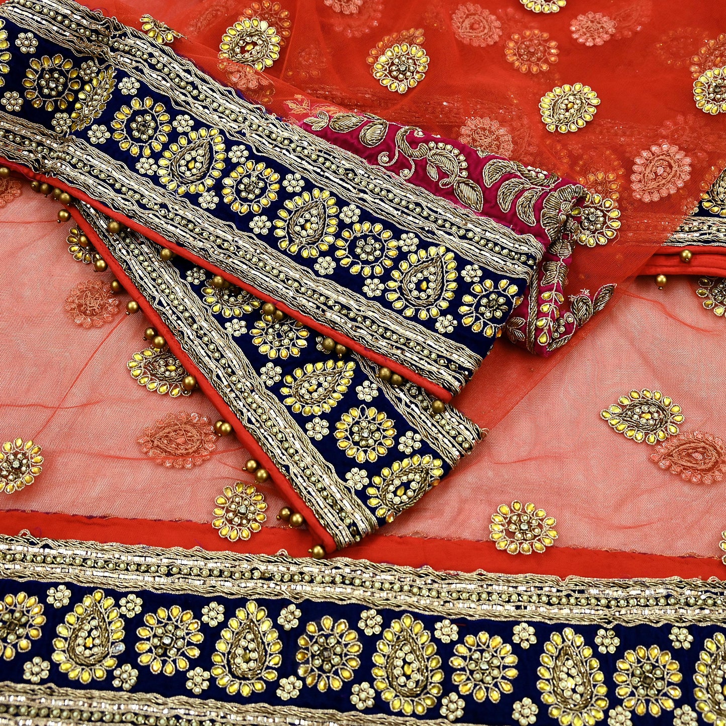 Indian Vintage Heavy Bridal Orange Dupatta Net Mesh Long Stole Hand Embroidered Scarves Golden Zardozi Dabka Zari Sequins Wedding Veil Hijab