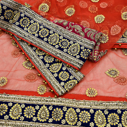 Indian Vintage Heavy Bridal Orange Dupatta Net Mesh Long Stole Hand Embroidered Scarves Golden Zardozi Dabka Zari Sequins Wedding Veil Hijab