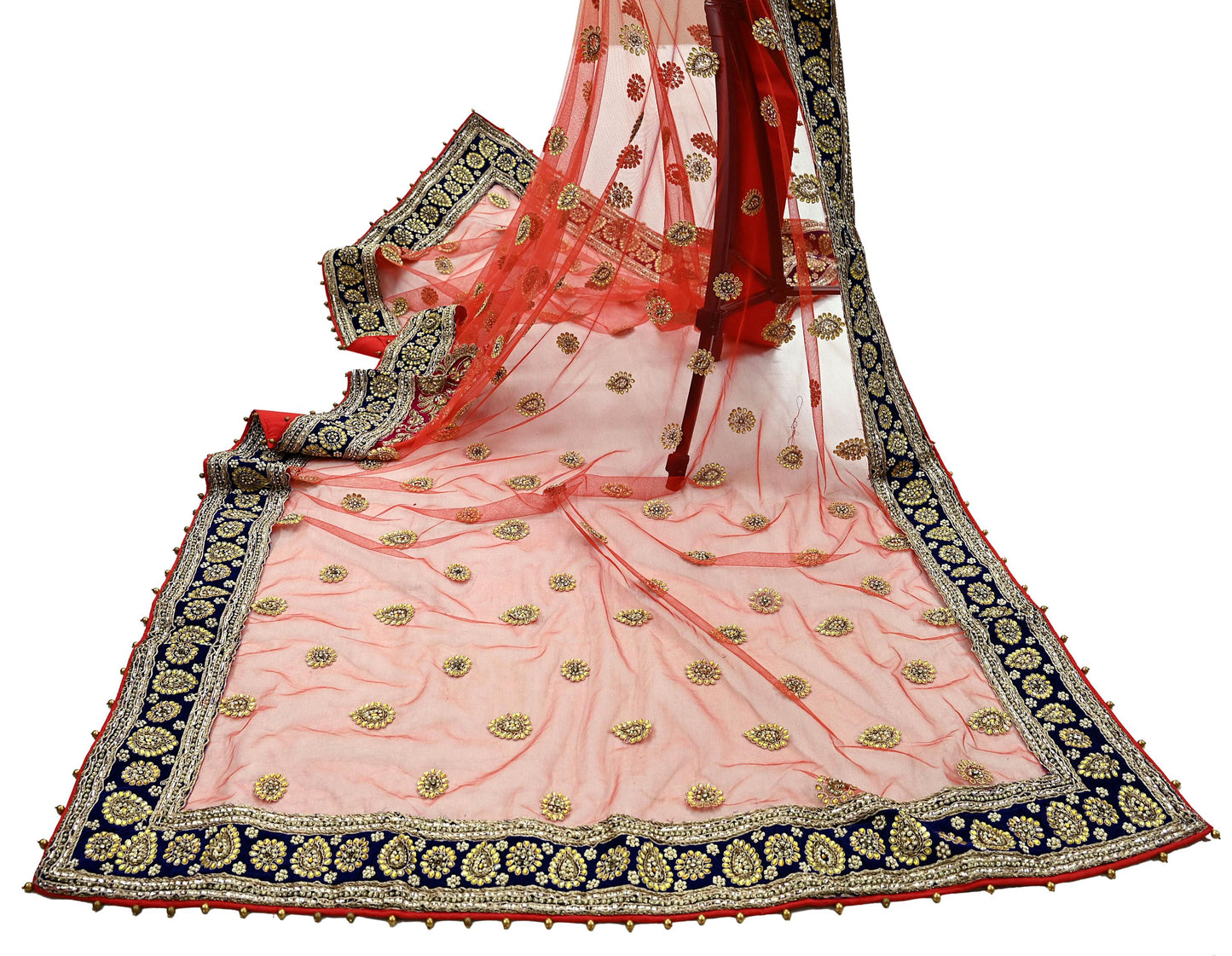 Indian Vintage Heavy Bridal Orange Dupatta Net Mesh Long Stole Hand Embroidered Scarves Golden Zardozi Dabka Zari Sequins Wedding Veil Hijab