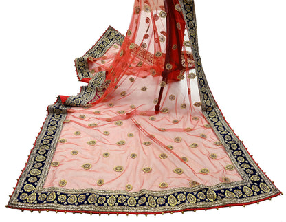Indian Vintage Heavy Bridal Orange Dupatta Net Mesh Long Stole Hand Embroidered Scarves Golden Zardozi Dabka Zari Sequins Wedding Veil Hijab
